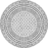 The Classic Contrast - Washable Rug - JR1985 (Custom Size) is a round flat weave rug with black geometric, floral, and diamond patterns on a white background, featuring concentric bands and decorative borders.