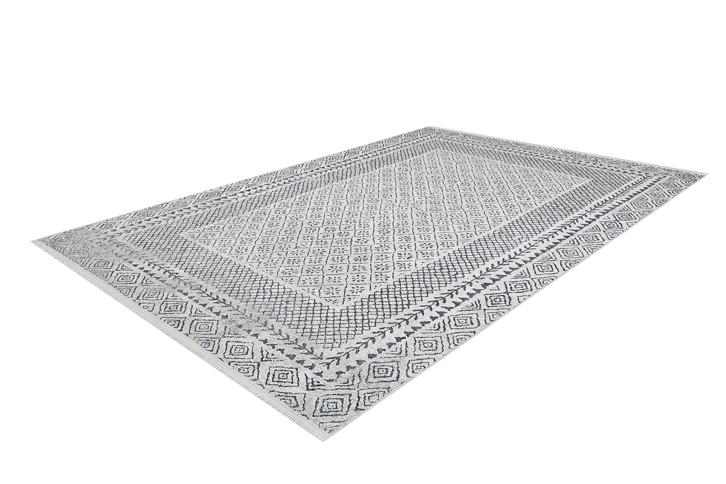 The Classic Contrast - Washable Rug - JR1985 (Custom Size) features a rectangular gray-anthracite design with detailed geometric and floral patterns, multiple decorative borders, diamond motifs, and easy-care washable convenience.