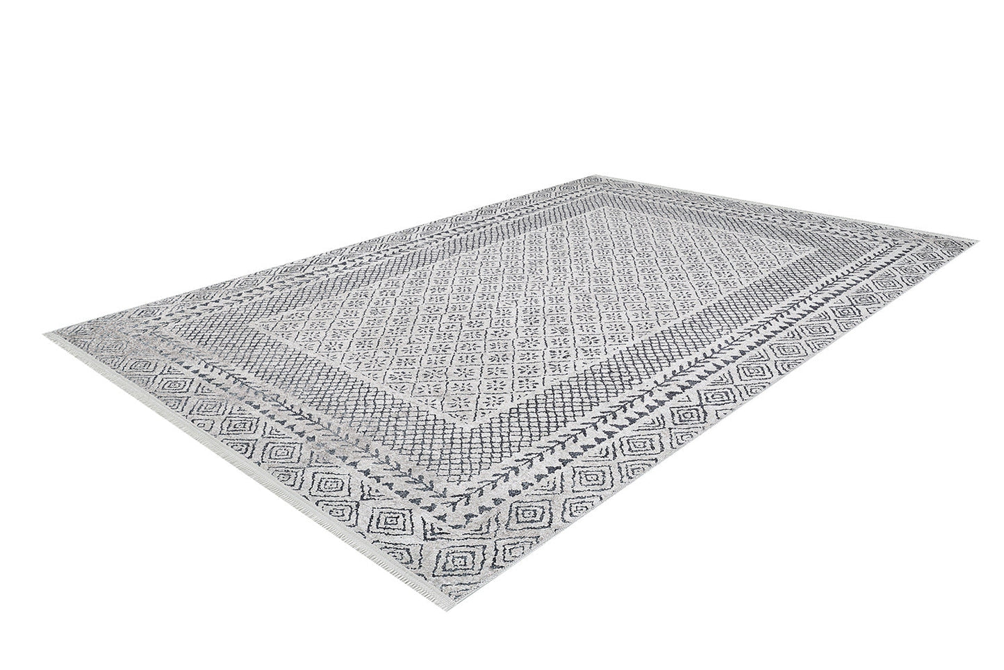 The Classic Contrast - Washable Rug - JR1985 (Custom Size) features a rectangular gray-anthracite design with detailed geometric and floral patterns, multiple decorative borders, diamond motifs, and easy-care washable convenience.