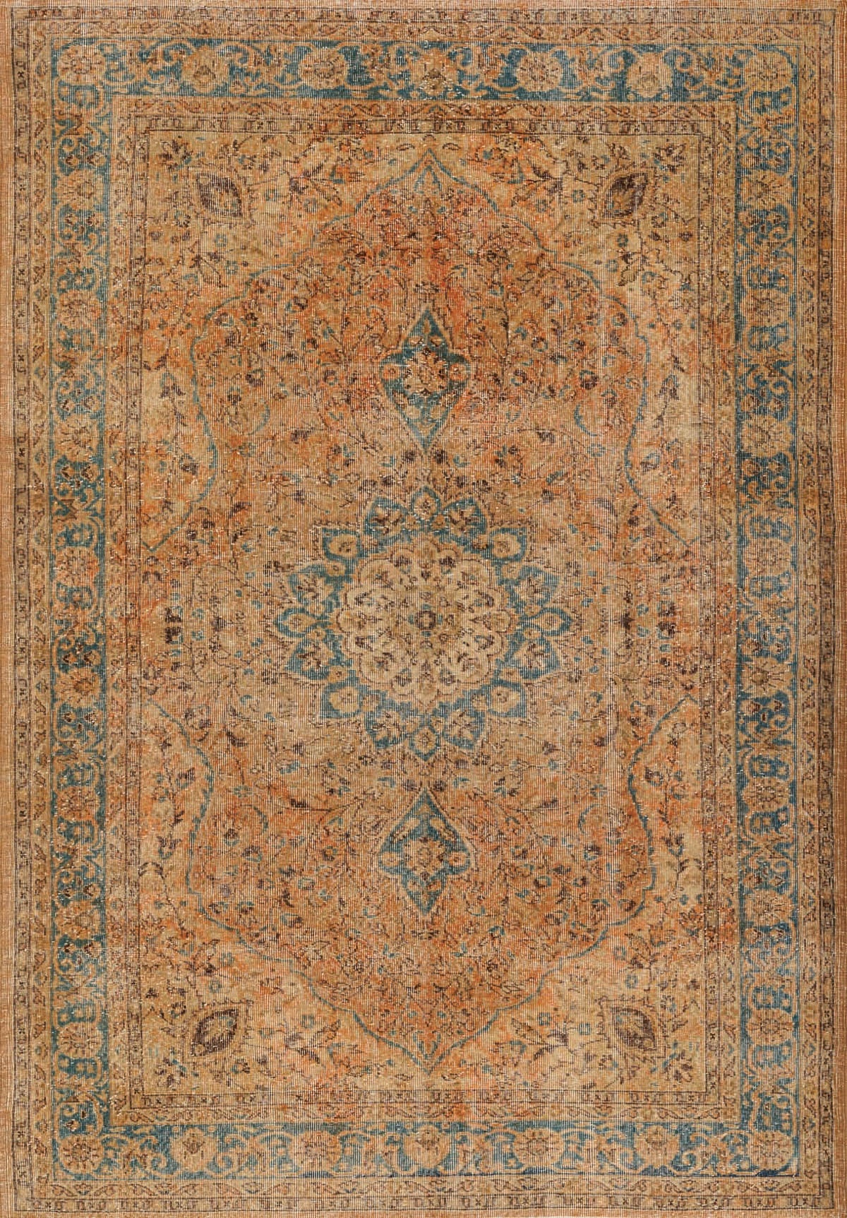 The Classic Laurel - Washable Rug - JRN1022 (Custom Size) features a vintage-inspired medallion, ornate floral details in orange, beige, and blue, a detailed border, and an antique faded look for timeless elegance.