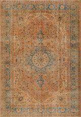 The Classic Laurel - Washable Rug - JRN1022 (Custom Size) features a vintage-inspired medallion, ornate floral details in orange, beige, and blue, a detailed border, and an antique faded look for timeless elegance.