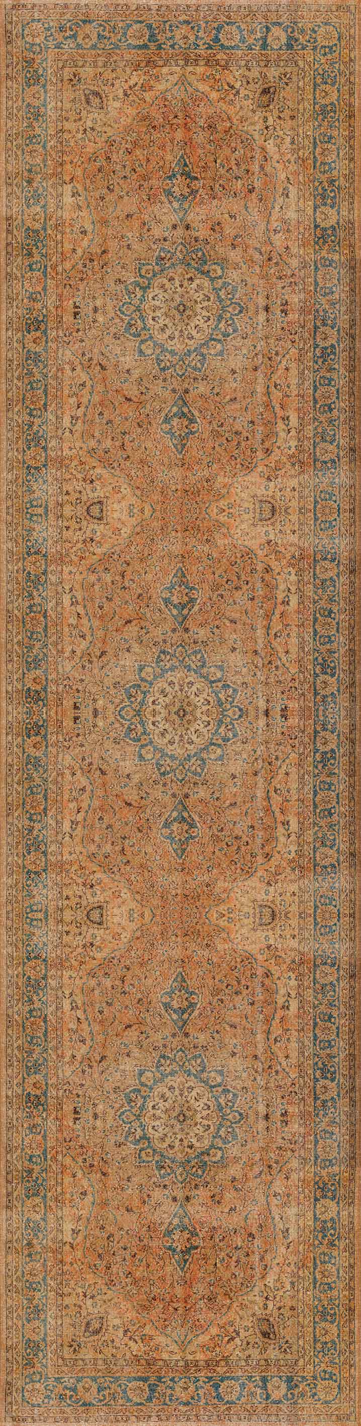 The Classic Laurel - Washable Rug - JRN1022 (Custom Size) is a long, rectangular vintage rug featuring an intricate medallion and floral pattern in warm orange, beige, and blue tones, highlighted by a decorative border.
