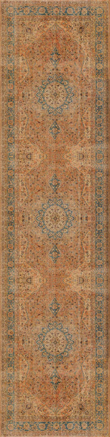 The Classic Laurel - Washable Rug - JRN1022 (Custom Size) is a long, rectangular vintage rug featuring an intricate medallion and floral pattern in warm orange, beige, and blue tones, highlighted by a decorative border.