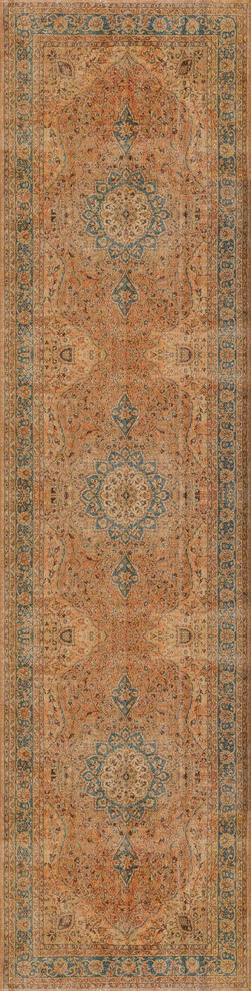 Load image 1 in gallery view. The Classic Laurel - Washable Rug - JRN1022 (Custom Size) is a long, rectangular vintage rug featuring an intricate medallion and floral pattern in warm orange, beige, and blue tones, highlighted by a decorative border.