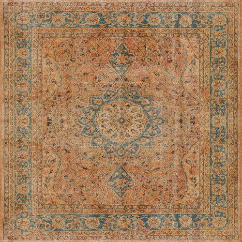 Load image 1 in gallery view. The Classic Laurel - Washable Rug - JRN1022 (Custom Size) features a vintage-inspired central floral medallion with intricate blue, beige, gold, rust, and teal botanical patterns and detailed borders.