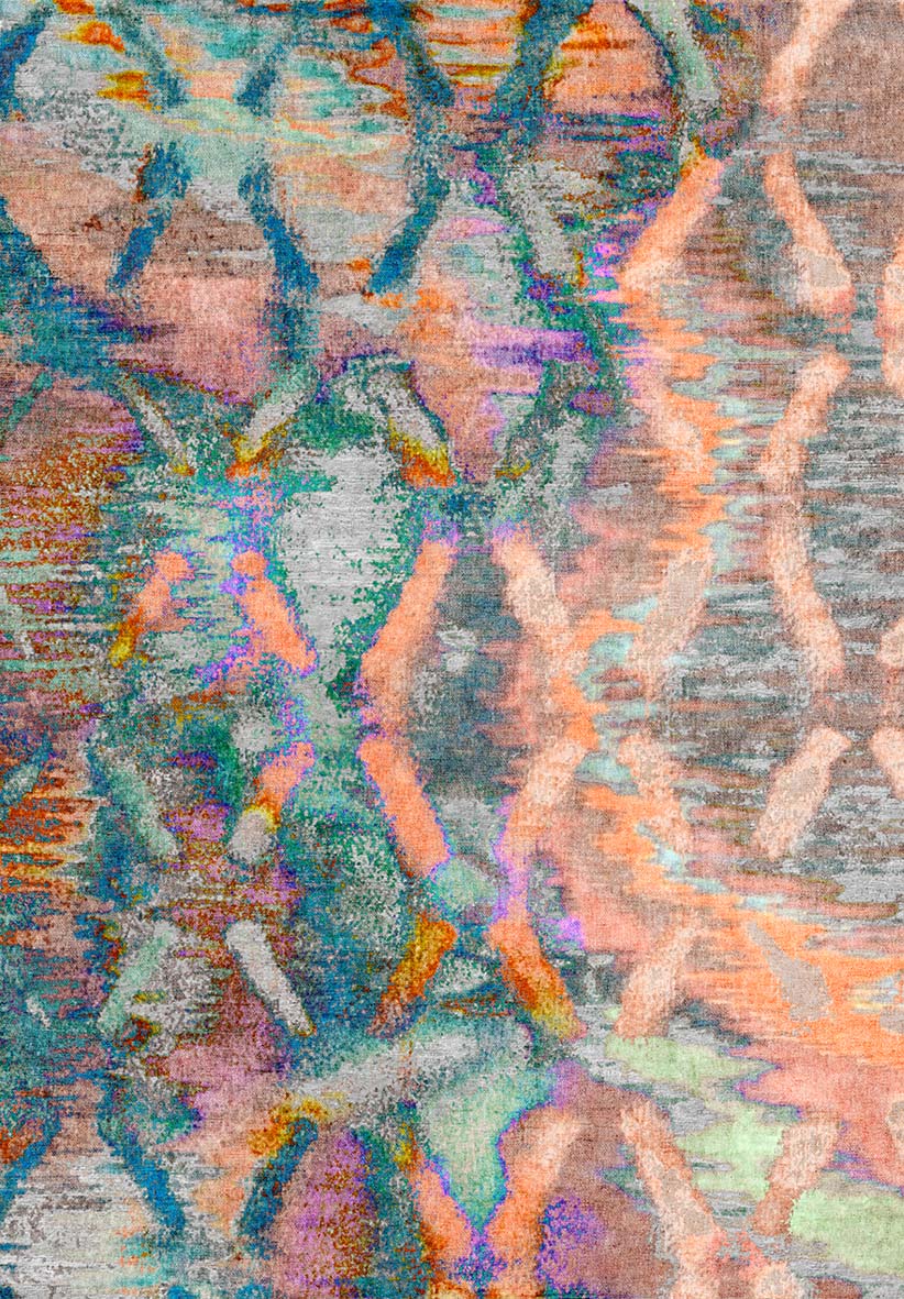 Classic Motif - Washable Rug - JRN29 showcases a vibrant blend of orange, teal, purple, and gray with wavy, crisscrossing lines forming a textured, woven geometric pattern.