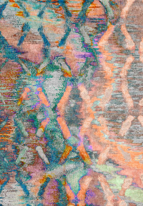 Load image 1 in gallery view. Classic Motif - Washable Rug - JRN29 showcases a vibrant blend of orange, teal, purple, and gray with wavy, crisscrossing lines forming a textured, woven geometric pattern.