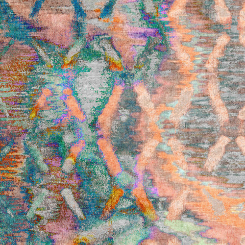 Load image 1 in gallery view. Classic Motif - Washable Rug - JRN29 features a lively blend of orange, teal, purple, and gray in swirling, textured patterns with soft brushstrokes and zigzags—ideal for high-traffic areas.