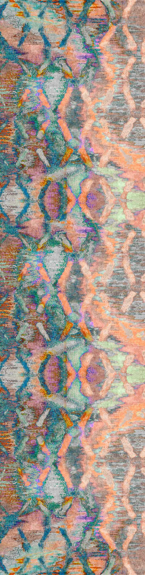 Load image 1 in gallery view. The Classic Motif - Washable Rug - JRN29 features a colorful abstract pattern with wavy, zigzag lines in teal, orange, pink, and gray, creating a textured design ideal for high-traffic areas.
