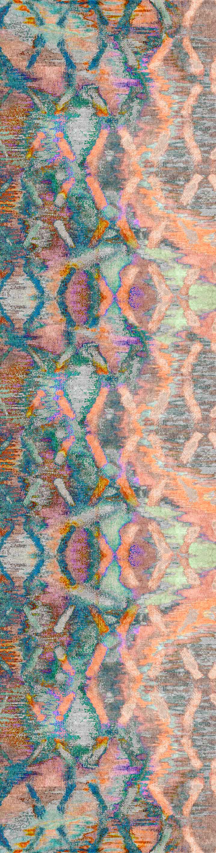 Classic Motif - Washable Rug - JRN29 (Custom Size) features pastel blue, pink, orange, and gray wavy lines in a mirrored design. Stylish and durable, it’s perfect for high-traffic spaces and easy to wash.