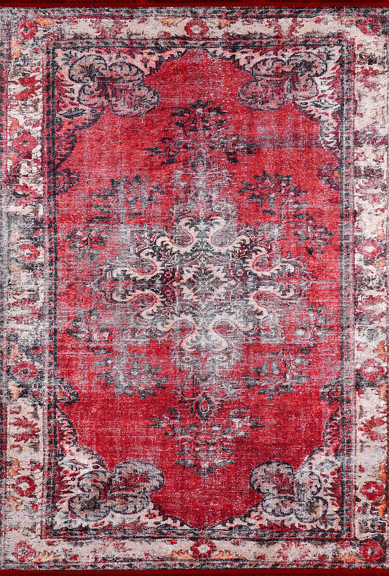 The Classic Revival - Washable Rug - JR1374 (Custom Size) features a vintage-style red design with a faded background, ornate gray and black medallion, and intricate floral border—ideal for adding antique charm to high-traffic spaces.