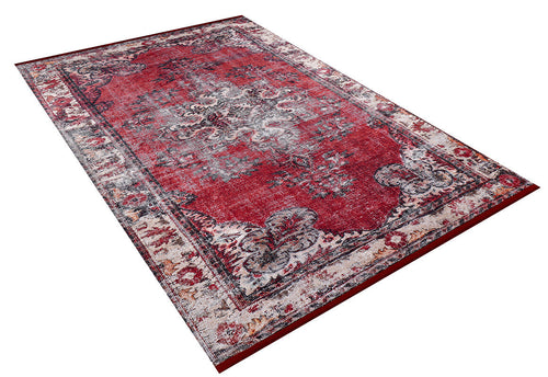 Load image 1 in gallery view. The Classic Revival - Washable Rug - JR1374 (Custom Size) features a red rectangular center, ornate white and gray floral patterns, and a beige-red border. Its slightly distressed, vintage look is perfect for high-traffic areas.