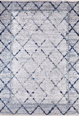 The Classic Trellis - Washable Rug - JR710 (Custom Size) features a rectangular, flat weave with a distressed white base and blue diamond lattice pattern, plus denser blue edges for a vintage look. Stylish and practical, it's also easy to wash.