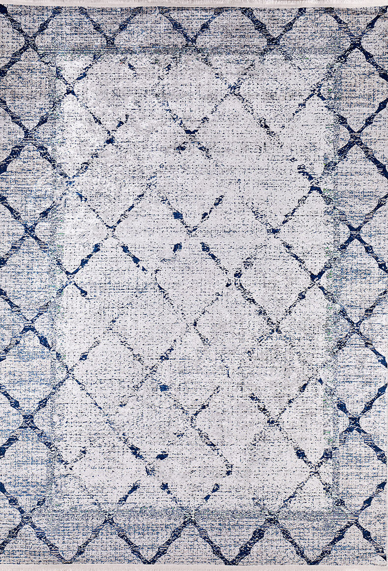 The Classic Trellis - Washable Rug - JR710 (Custom Size) features a rectangular, flat weave with a distressed white base and blue diamond lattice pattern, plus denser blue edges for a vintage look. Stylish and practical, it's also easy to wash.