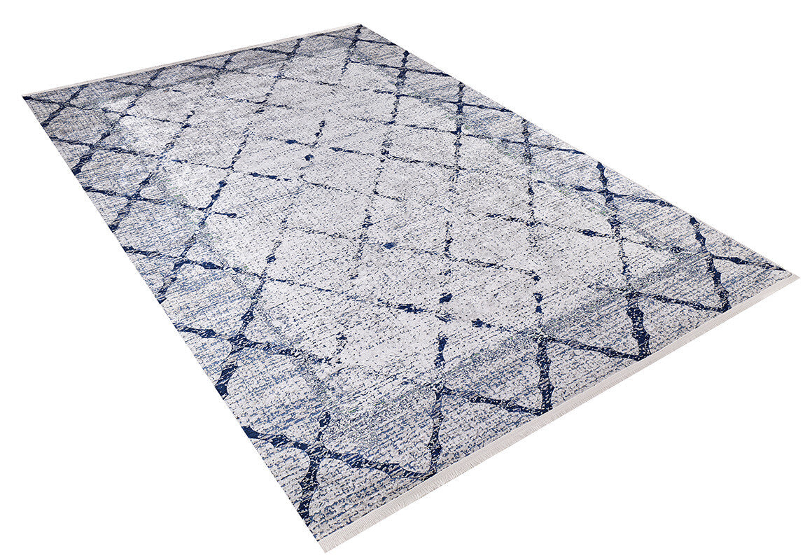 The Classic Trellis - Washable Rug - JR710 (Custom Size) features a white and light gray background with an abstract navy blue crisscross diamond pattern, offering a modern, distressed look. Shown on a white background.