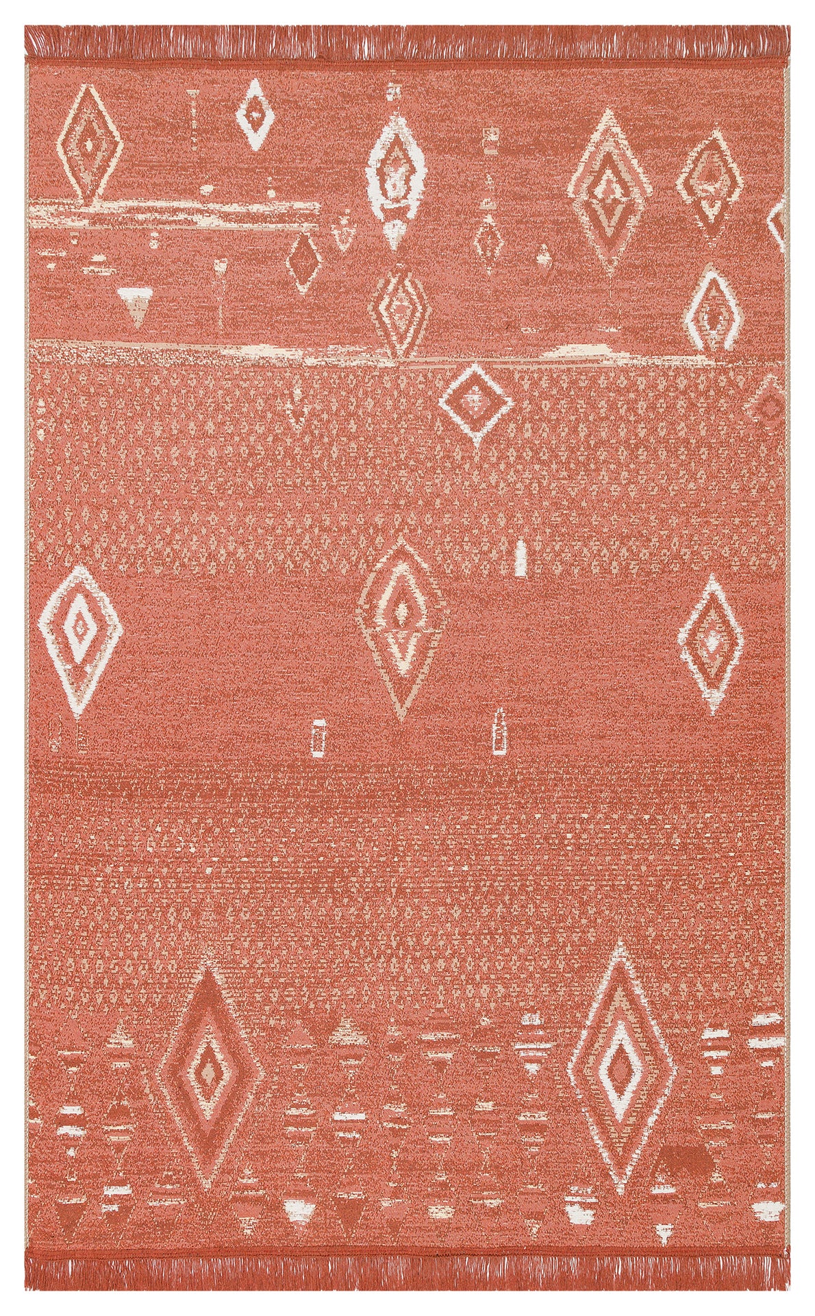 The Clay Blend - Washable Reversible Kilims - AR37 is a rust-toned, square recycled cotton rug with white geometric and diamond patterns, subtle horizontal lines, fringed edges—ideal as a bohemian decor accent.