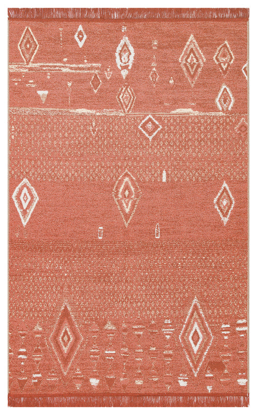 Load image 1 in gallery view. The Clay Blend - Washable Reversible Kilims - AR37 is a rust-toned, square recycled cotton rug with white geometric and diamond patterns, subtle horizontal lines, fringed edges—ideal as a bohemian decor accent.
