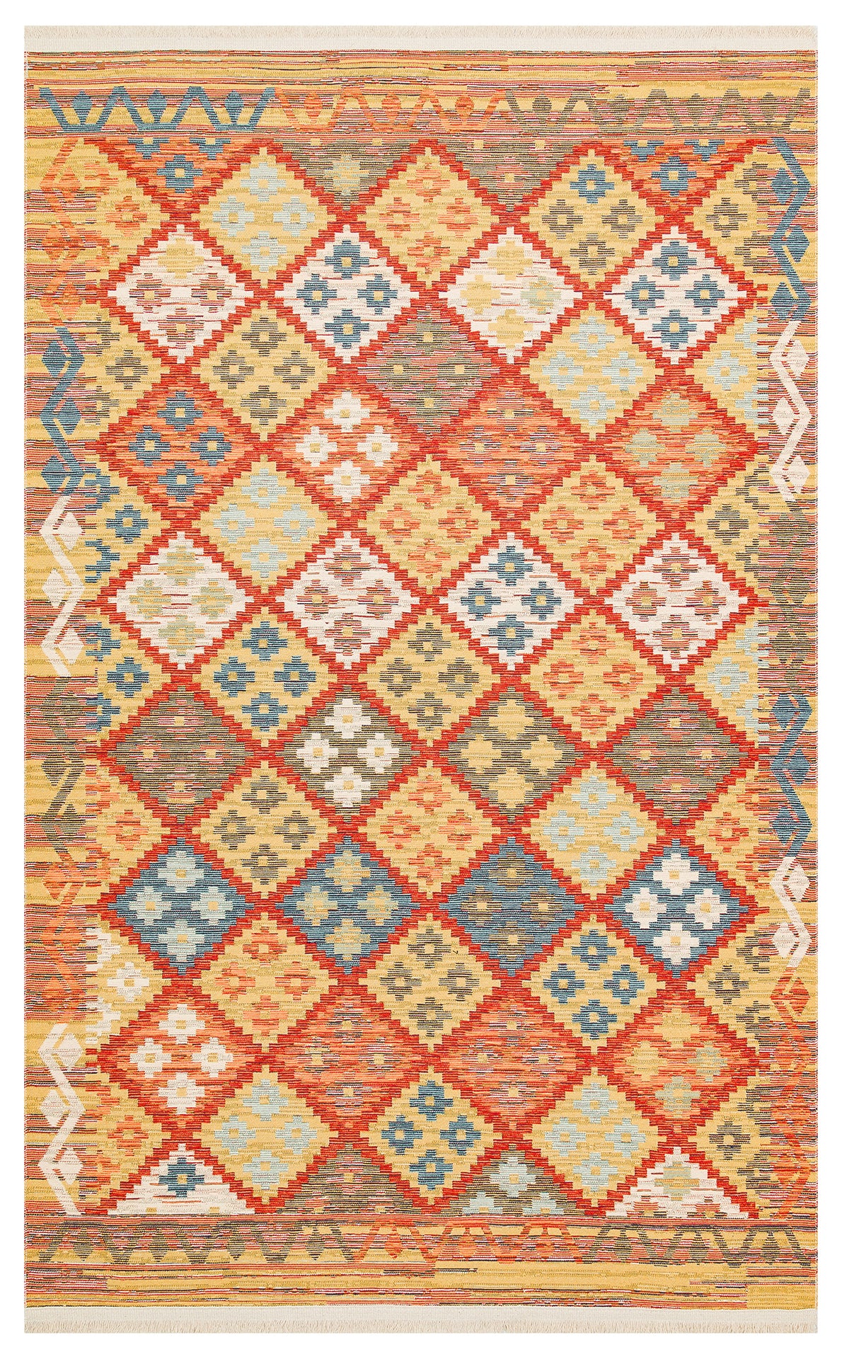 The Clay Mark - Washable Reversible Kilim - NMD05 features a vibrant geometric diamond pattern in red, yellow, blue, and orange with floral motifs and striped borders—ideal as a durable rug for high-traffic spaces.