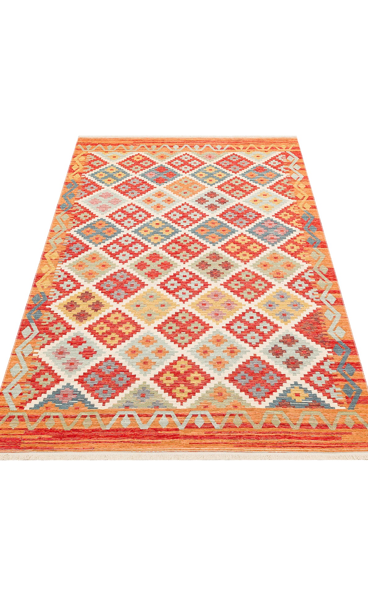 The Clay Mark - Kilim - NMD05 is a handcrafted flat weave rug with a vibrant geometric diamond pattern in red, orange, yellow, blue, and white, intricate detailing, and a zigzag border. The red kilim is shown laid flat on a white background.