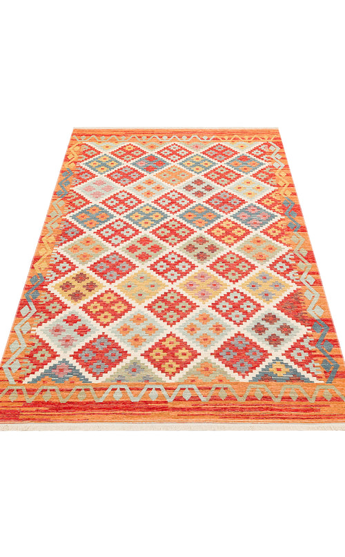 Load image 1 in gallery view. The Clay Mark - Washable Reversible Kilim - NMD05 is a rectangular rug with a vibrant geometric diamond pattern in red, orange, yellow, blue, and white. It features a multicolored border, fringed ends, and is ideal for high-traffic areas.