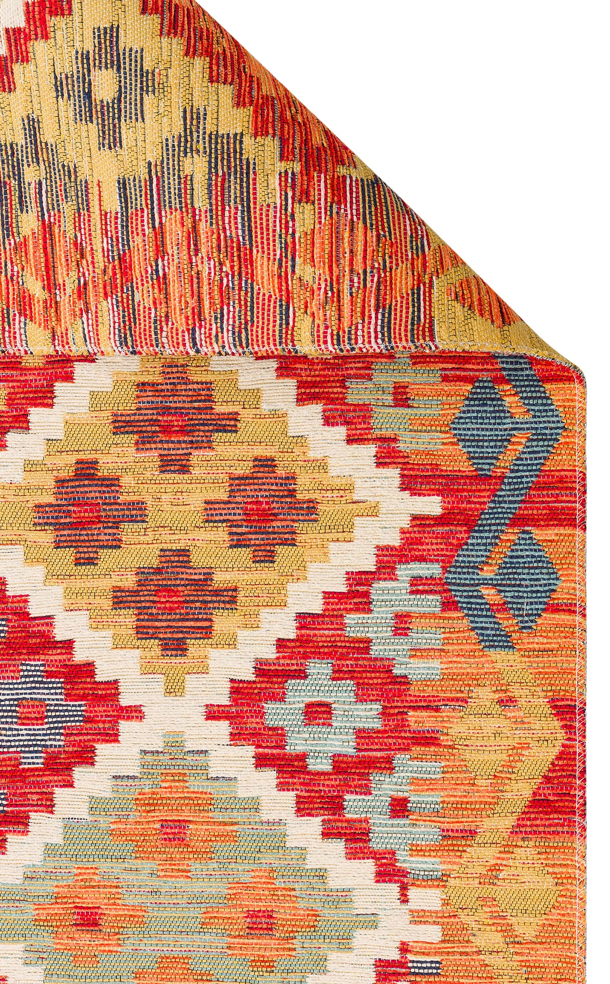 The Clay Mark - Kilim - NMD05 is a colorful flat weave rug with red, yellow, blue, and beige geometric patterns. One corner is folded over, revealing the intricately designed underside.