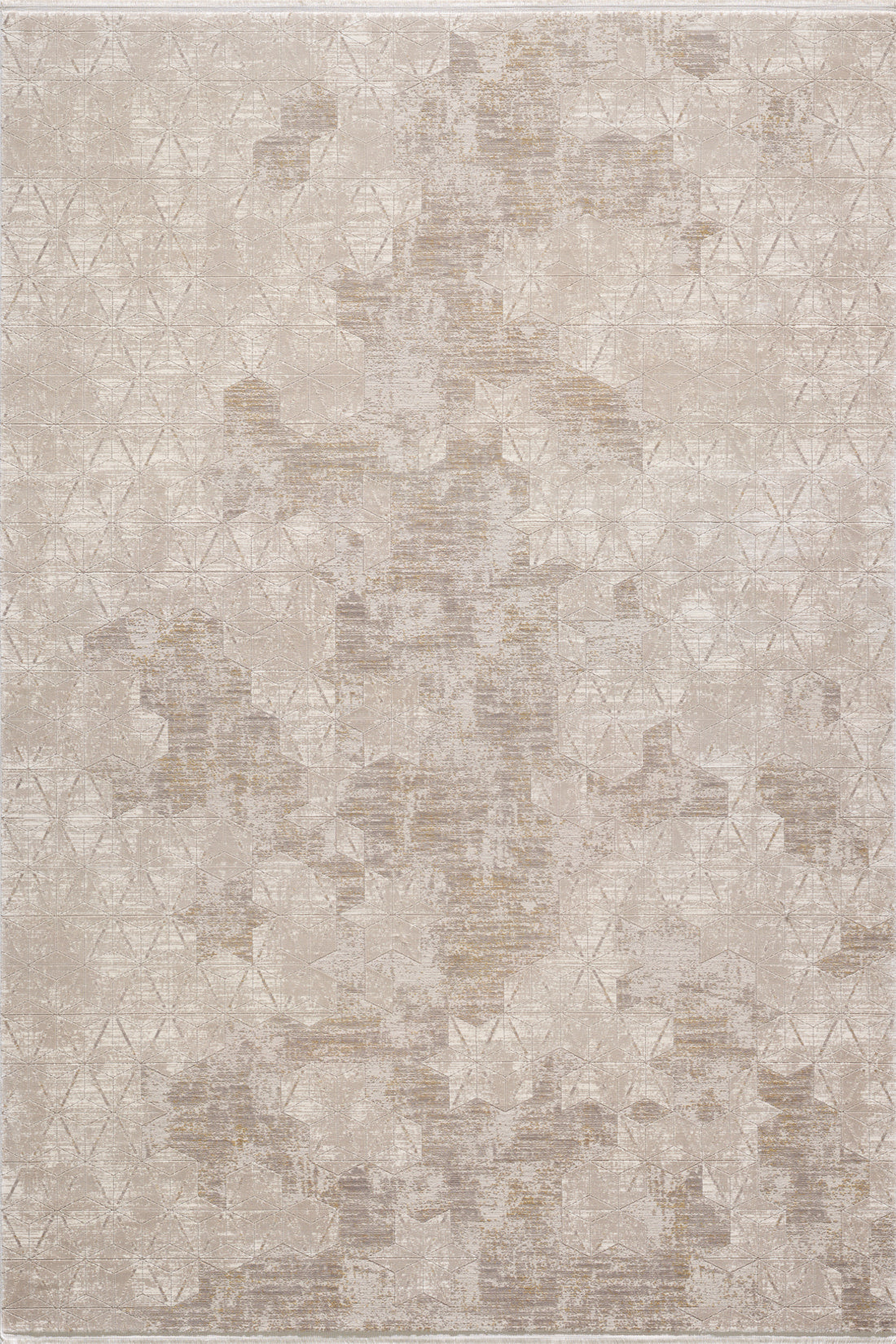 The Cloudscape Geometry Modern Rug - M533B features a rectangular abstract pattern in beige and taupe, with faint overlapping shapes and a subtly distressed texture, bringing modern sophistication to any space.
