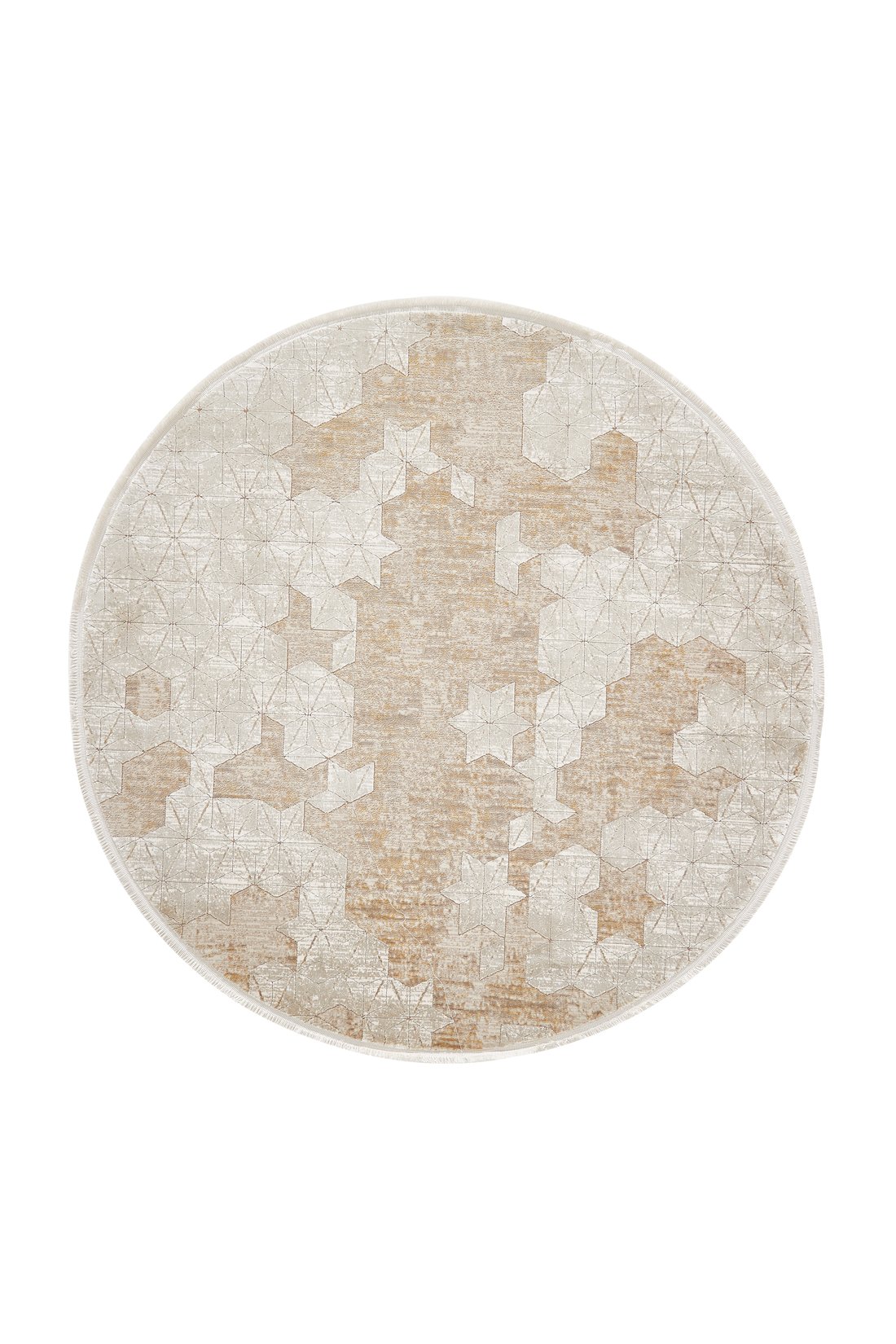 The Cloudscape Geometry Modern Rug - M533B is an oval acrylic-viscose rug with a beige and ivory geometric pattern, subtle star motifs, and abstract designs. Machine-made, it has a soft texture and a light, neutral palette.