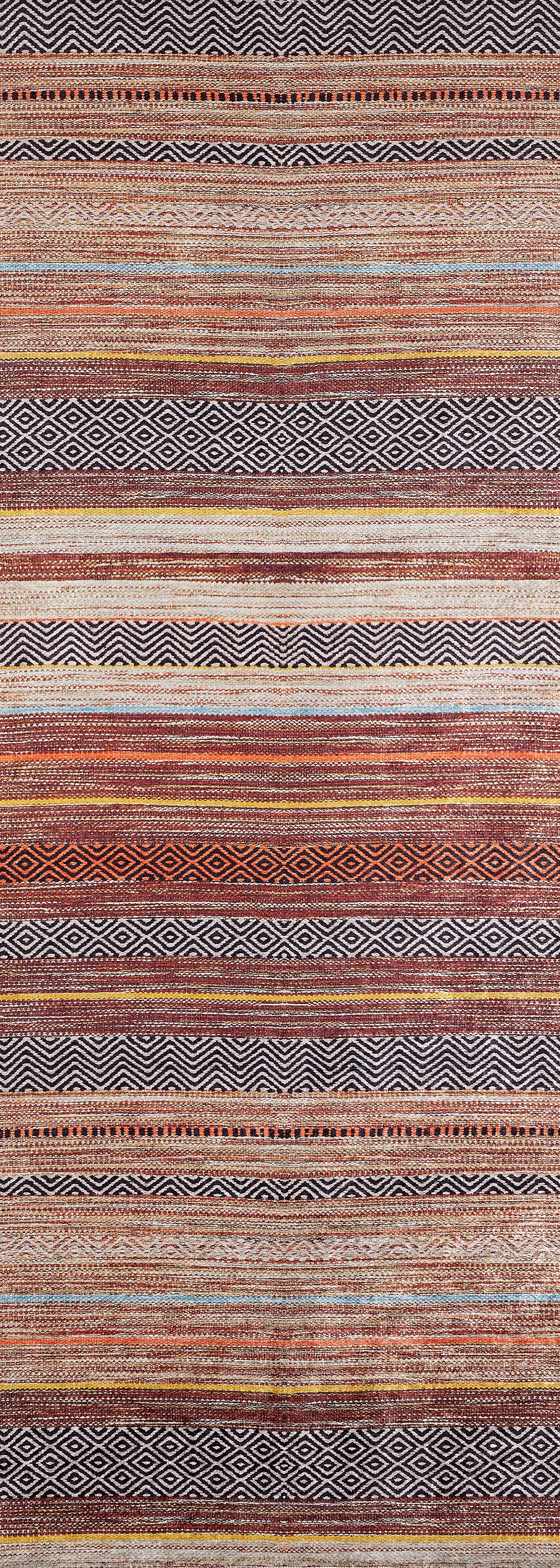 The Coastal Breeze - Washable Rug - JR1549 features horizontal stripes in earthy browns, reds, oranges, and beige with geometric diamond patterns—ideal for allergy-sensitive homes seeking a stylish, washable rug option.