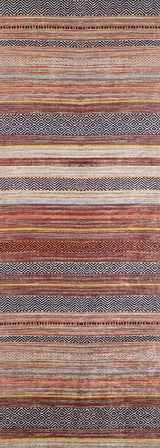 The Coastal Breeze - Washable Rug - JR1549 features horizontal stripes in earthy browns, reds, oranges, and beige with geometric diamond patterns—ideal for allergy-sensitive homes seeking a stylish, washable rug option.