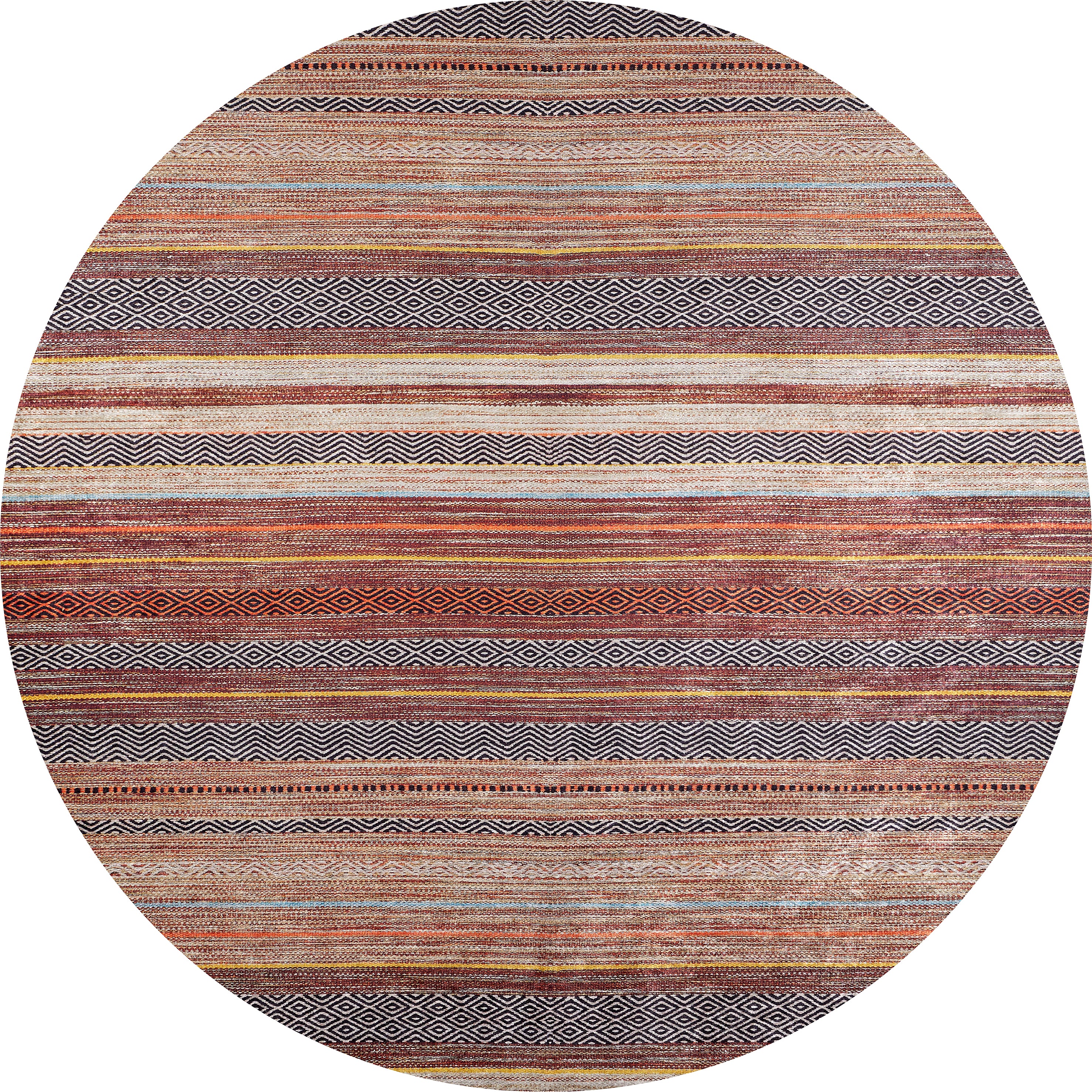 The Coastal Breeze - Washable Rug - JR1549 is a round rug with earthy horizontal stripes and geometric patterns in brown, bronze, orange, beige, and dark gray—perfect for allergy-sensitive homes.