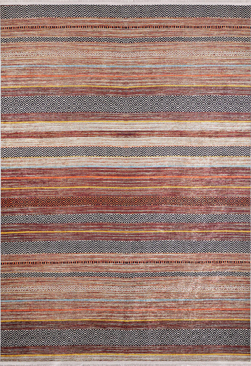 Load image 1 in gallery view. The Coastal Breeze - Washable Rug - JR1549 (Custom Size) features a symmetrical design with horizontal stripes in brown, orange, and beige, decorated with geometric and diamond patterns—perfect for adding style to high-traffic areas.