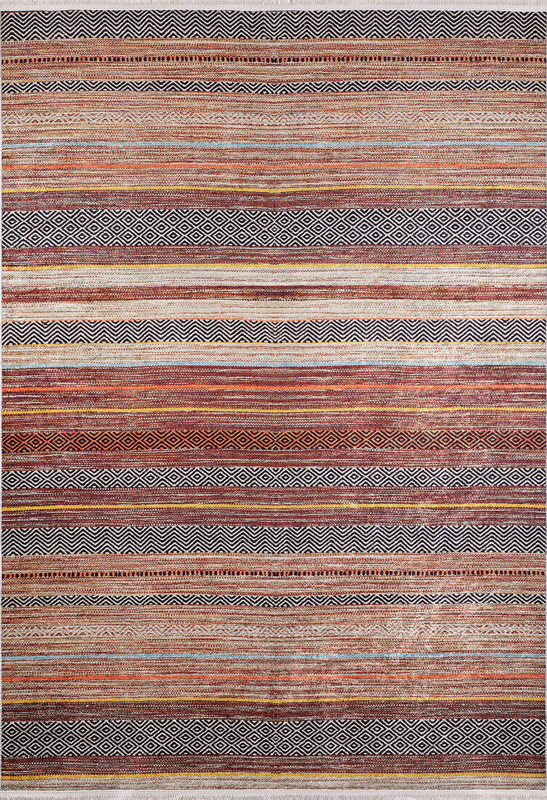 The Coastal Breeze - Washable Rug - JR1549 (Custom Size) features a symmetrical design with horizontal stripes in brown, orange, and beige, decorated with geometric and diamond patterns—perfect for adding style to high-traffic areas.