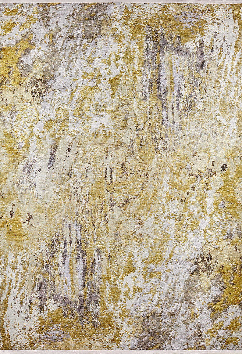 Color Splash - Washable Rug - JR146 (Custom Size) features an abstract pattern with textured gold, silver, and gray swirls, evoking brushed metal or stone for a shimmering, dynamic look—ideal for high-traffic areas.