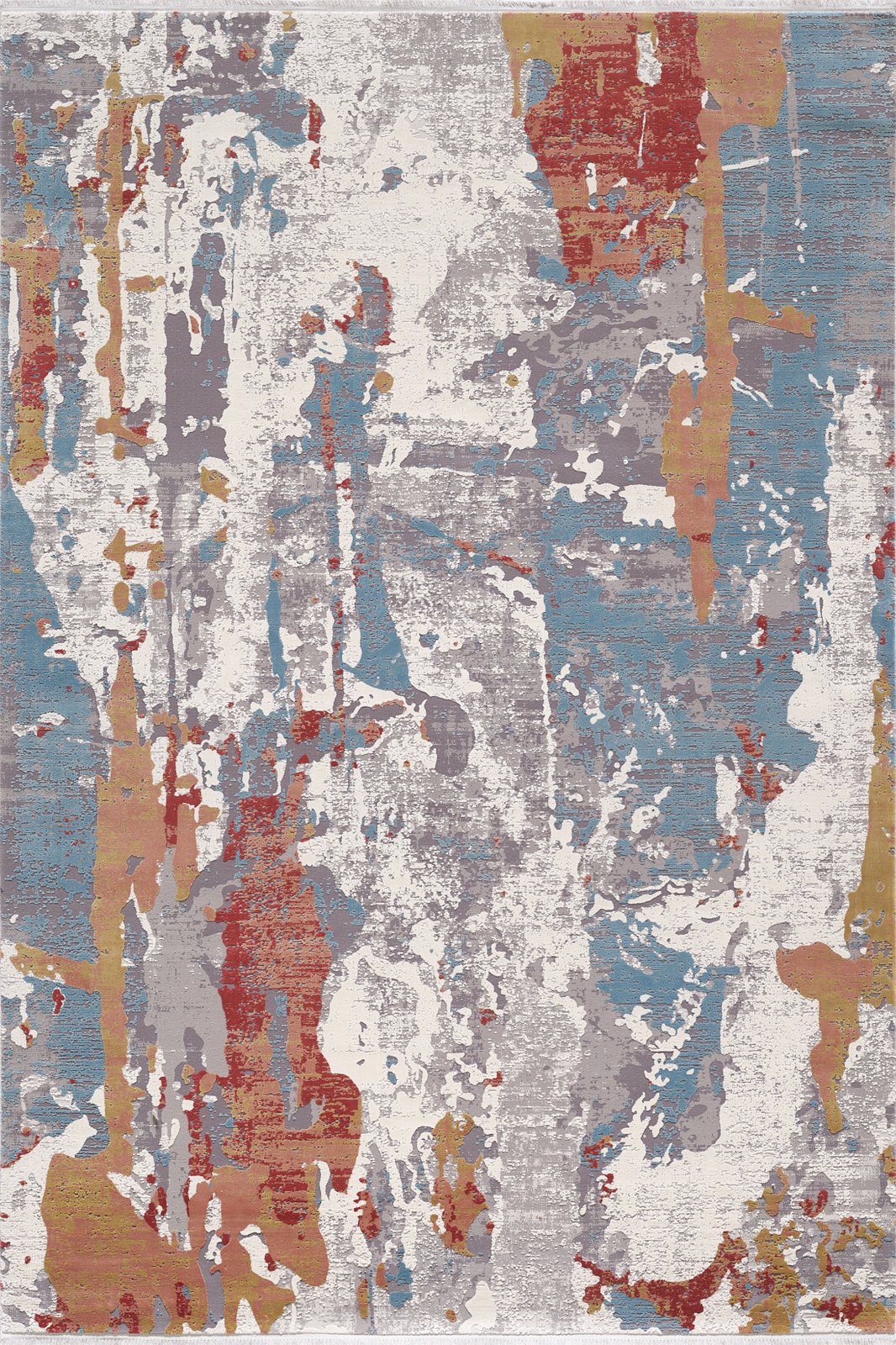 The Colorful Chaos Premium Rug - M313P boasts a splattered paint design in white, blue, red, yellow, and gray. Machine-made for durability, it adds a modern artistic touch with its layered, textured patterns.
