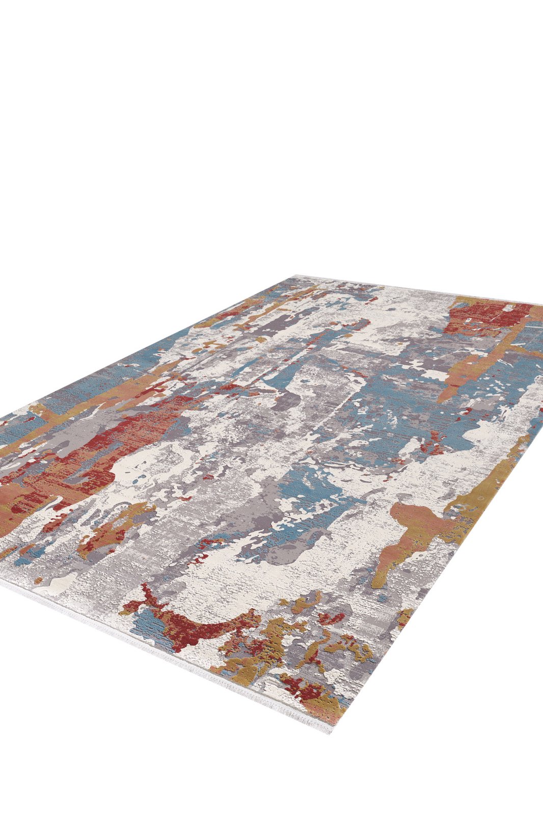 The Colorful Chaos Premium Rug - M313P is a rectangular, modern oriental rug with an abstract pattern in blue, red, yellow, gray, and white, displayed flat from a low angle.