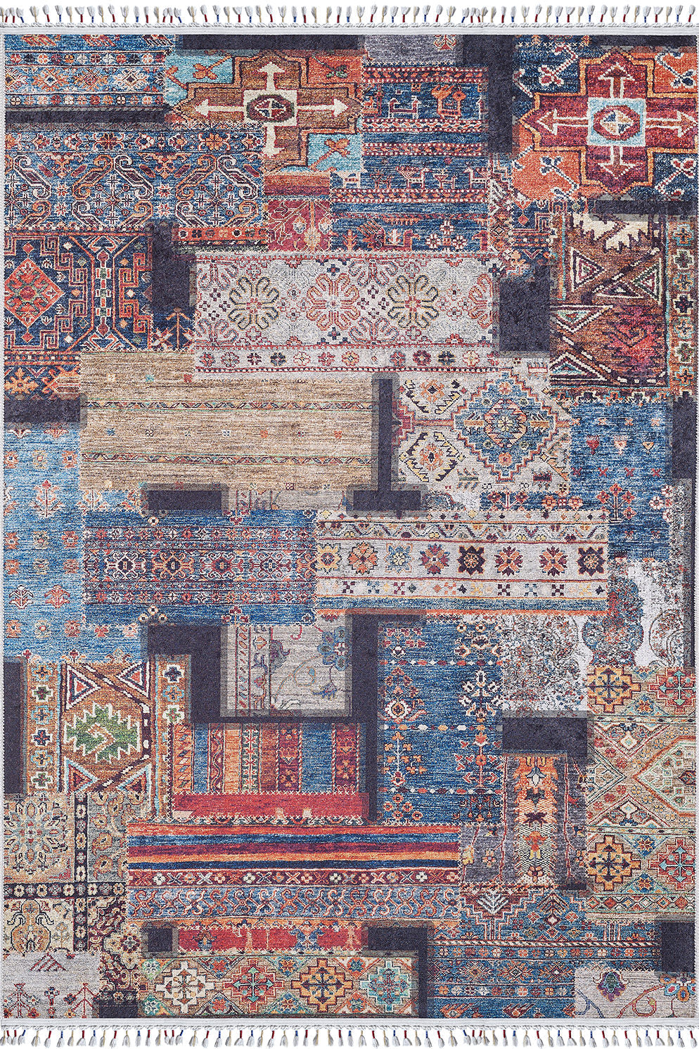 The Colorful Composition - Washable Rug - JR5107 (Custom Size) is a rectangular, multicolor patchwork rug with geometric and floral patterns in blue, red, beige, and orange plus fringed edges—durable for high-traffic areas.