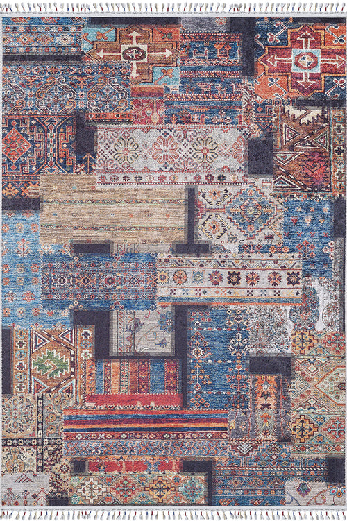 Load image 1 in gallery view. The Colorful Composition - Washable Rug - JR5107 (Custom Size) is a rectangular, multicolor patchwork rug with geometric and floral patterns in blue, red, beige, and orange plus fringed edges—durable for high-traffic areas.