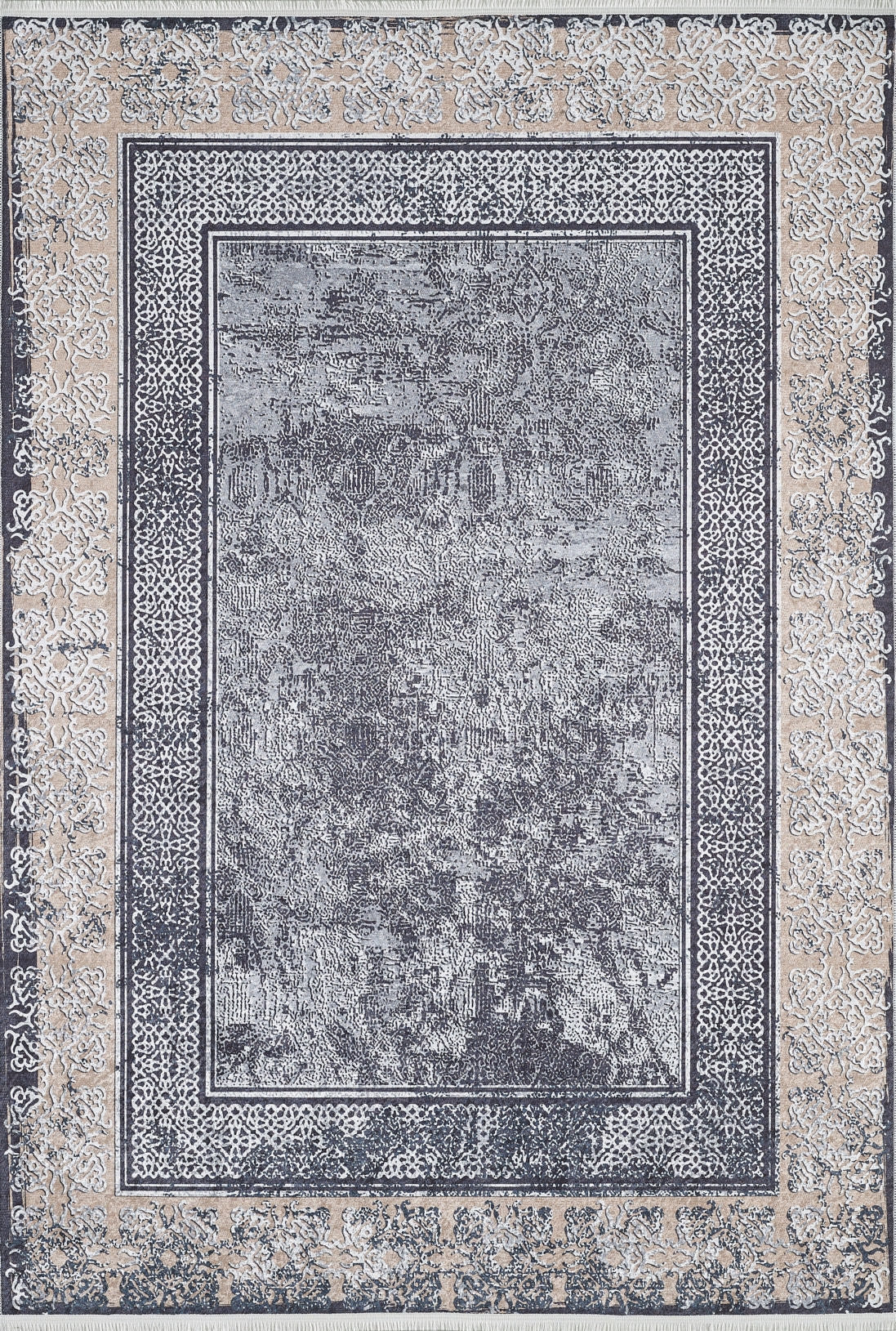 The Contemporary Borderline - Washable Rug - JR1798 (Custom Size) is a rectangular, allergy-friendly rug with an ornate floral border in beige and cream, a distressed blue-gray center, intricate faded designs, and double-lined inner frame—perfect for busy spaces.