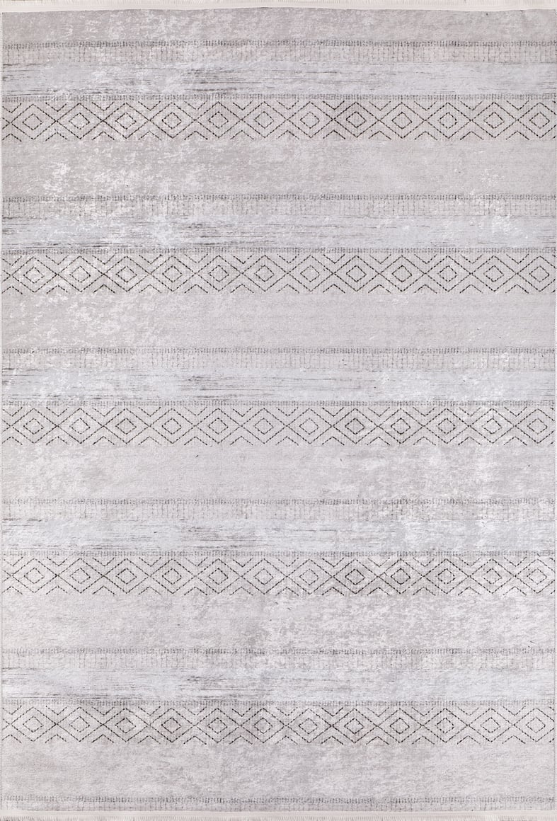 The Contemporary Coordinates - Washable Rug - JR750 (Outlet) US is a light gray rug with dark geometric diamonds and dashed lines, offering a modern design that's easy to clean—ideal for high-traffic spaces.