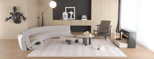 Load image 1 in gallery view. A modern living room features a curved gray sofa, coffee tables, geometric chair, and fireplace. The Contemporary Coordinates - Washable Rug - JR750 (Outlet) US in cream and beige adds comfort and style to this neutral, high-traffic space.
