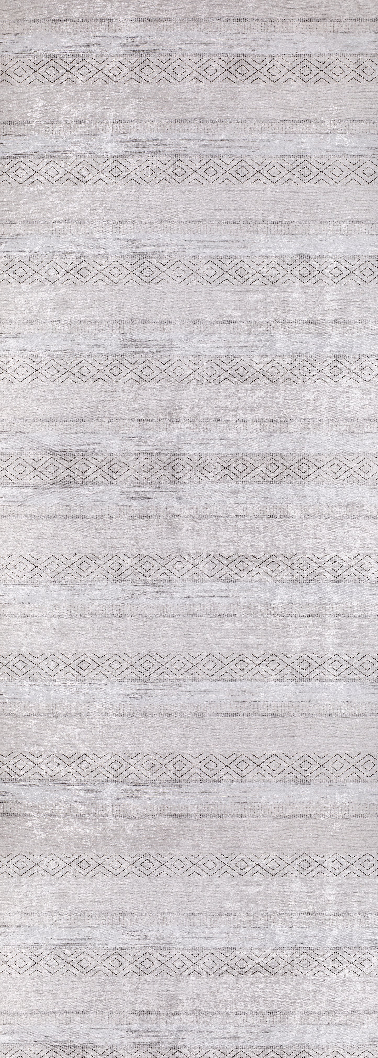 The Contemporary Coordinates - Washable Rug - JR750 features a light gray textured surface with horizontal rows of geometric patterns, offering a subtle, elegant look that complements cream and beige rugs or any washable rug collection.