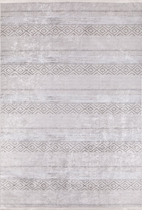 Load image 1 in gallery view. The Contemporary Coordinates - Washable Rug - JR750 (Custom Size) features light grey tones with subtle geometric diamond and dashed line patterns, offering a minimalist, durable design ideal for high-traffic spaces.