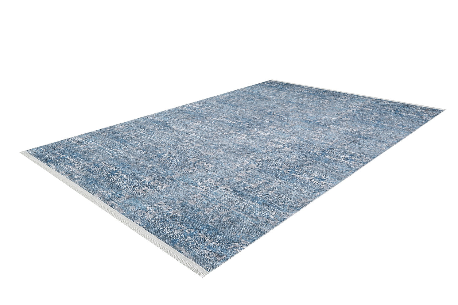 The Contemporary Serenity - Machine-Washable Rug JR1884 (Custom Size) is a rectangular blue rug with a subtle distressed pattern and fringed edges, perfect for high-traffic areas. Shown on a white background.