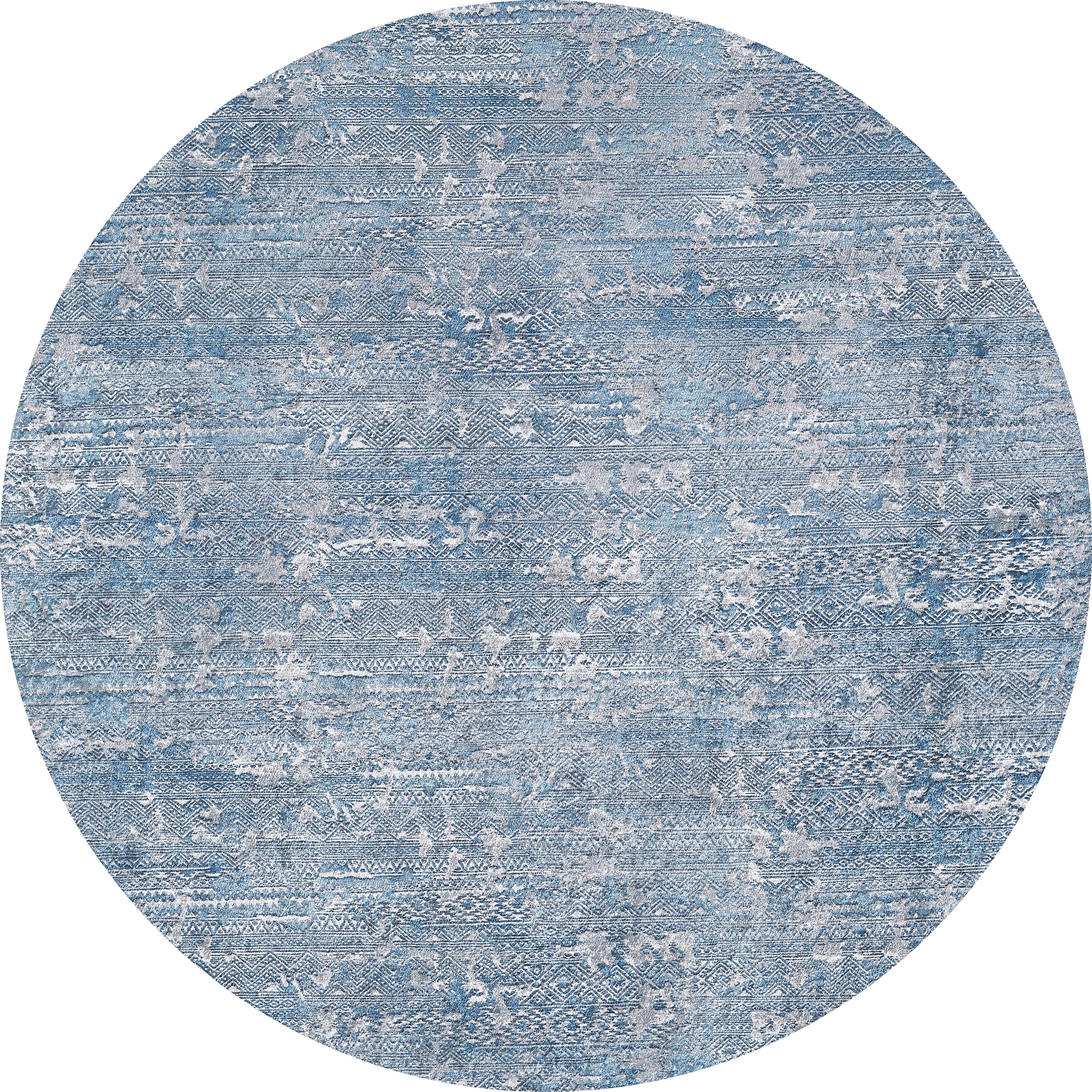 The Contemporary Serenity - Machine-Washable Rug JR1884 (Custom Size) features a round blue design with a distressed, textured blue and white pattern, giving any high-traffic area a vintage look while being easy to clean.
