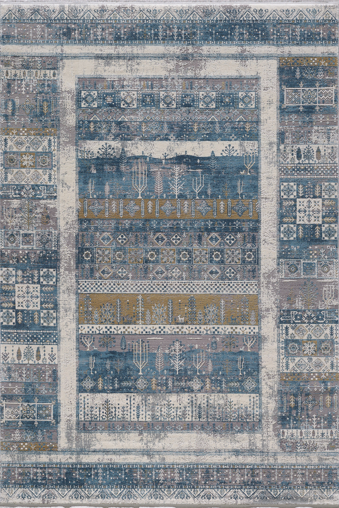 The Cool Nomadica Premium Rug - M366B is a rectangular, machine-made rug with blue, beige, and gold geometric and botanical patterns in horizontal bands, a decorative border, and a distressed finish for a vintage look.