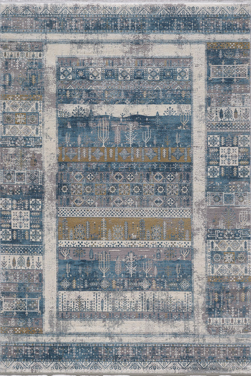 Load image 1 in gallery view. The Cool Nomadica Premium Rug - M366B is a rectangular, machine-made rug with blue, beige, and gold geometric and botanical patterns in horizontal bands, a decorative border, and a distressed finish for a vintage look.