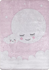 The Cosmic Naptime - Machine-Washable Rug JRC032 (Custom Size) features a pastel moon and cloud with rosy cheeks on a soft pink background, creating dreamy nursery vibes perfect for flat weave rugs.