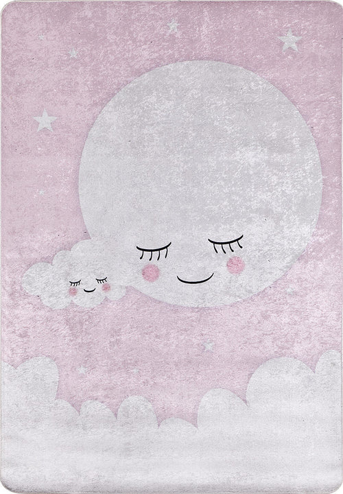 Load image 1 in gallery view. The Cosmic Naptime - Machine-Washable Rug JRC032 (Custom Size) features a pastel moon and cloud with rosy cheeks on a soft pink background, creating dreamy nursery vibes perfect for flat weave rugs.