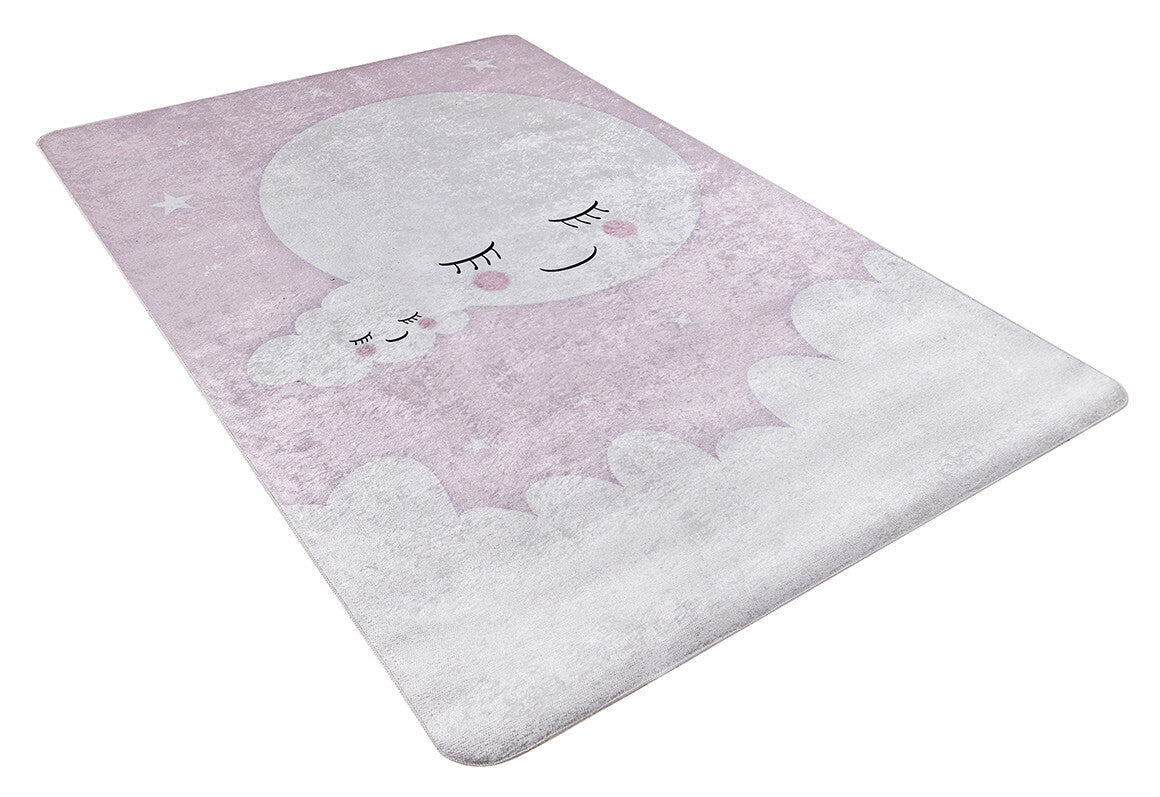 The Cosmic Naptime - Machine-Washable Rug JRC032 (Custom Size) features a pastel pink and white background with cute large and small sleeping moons on clouds, surrounded by stars. This washable rug adds charm to any space.