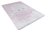 The Cosmic Naptime - Machine-Washable Rug JRC032 (Custom Size) features a pastel pink and white background with cute large and small sleeping moons on clouds, surrounded by stars. This washable rug adds charm to any space.